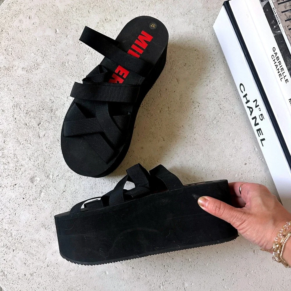 Simon Miller Foami Stretch Black Platform Wedge Sandals Elastic Straps 37